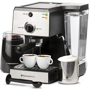 EspressoWorks 7 Pc All-In-One Espresso Machine & Cappuccino Maker Barista Bundle Set w/ Built-In Steamer & Frother (Inc: Coffee Bean Grinder, Milk Frothing Cup, Spoon/Tamper & 2 Cups), Stainless Steel (Silver)