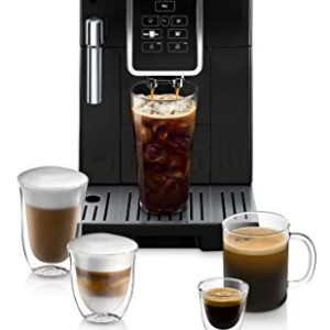 De’Longhi Dinamica Automatic Coffee & Espresso Machine TrueBrew (Iced-Coffee), Burr Grinder + Descaling Solution, Cleaning Brush & Bean Shaped Icecube Tray, Black, ECAM35020B